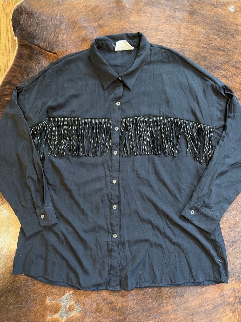 SAVANNA JANE Silver Stud Fringe Western Button Up Long Sleeve Size 2X Rhinestone